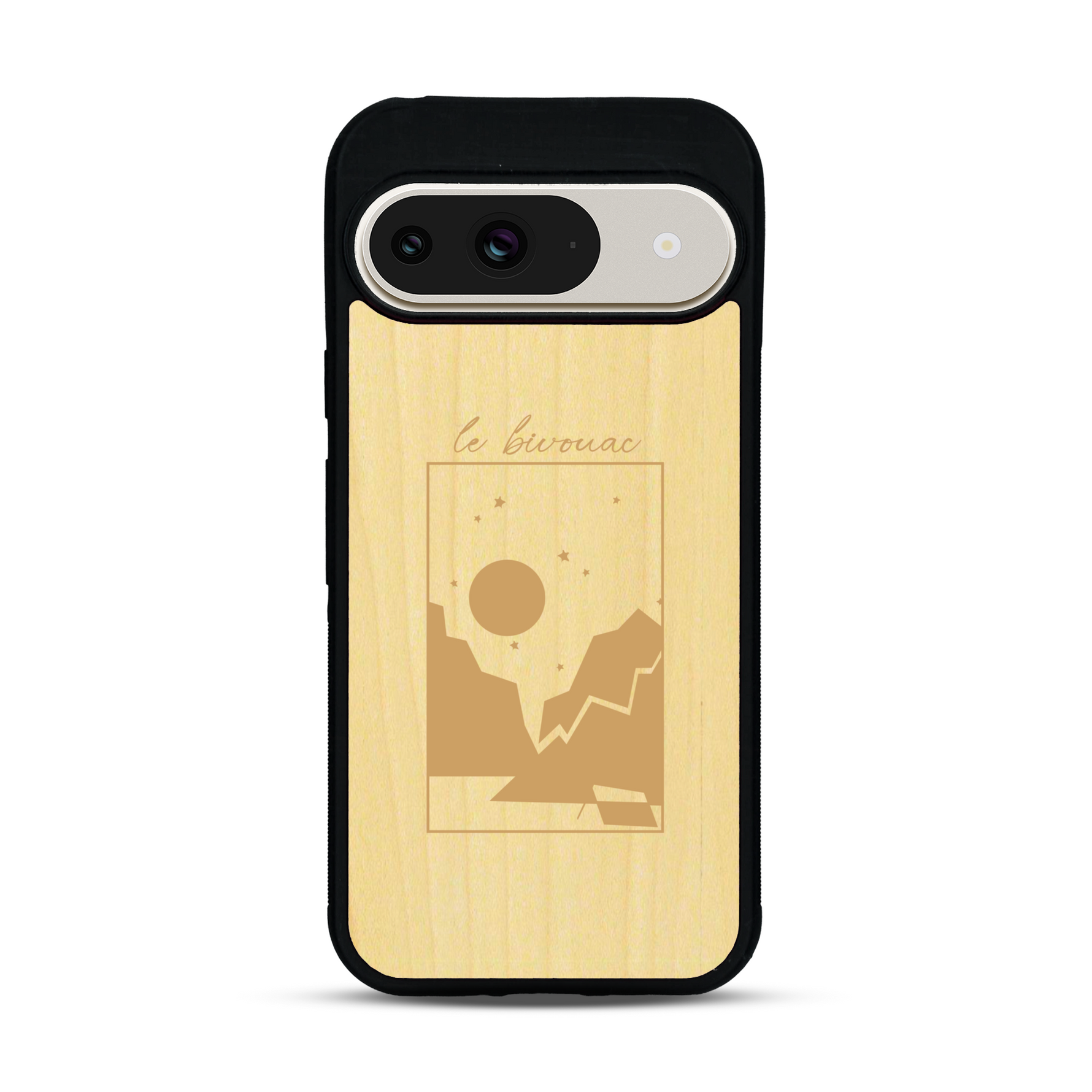 Coque de protection en bois véritable fabriquée en France pour  sur le thème du camping en pleine nature et du bivouac avec la phrase "Aventure is out there"