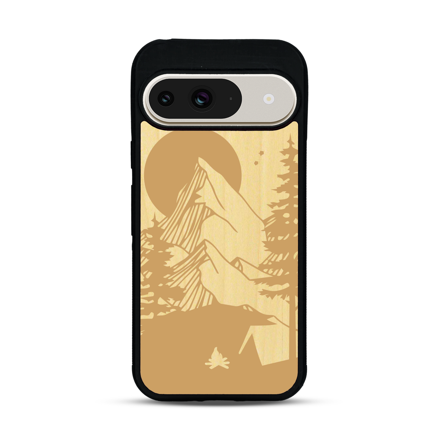 Coque de protection en bois véritable fabriquée en France pour  sur le thème du camping en pleine nature représentant une tente avec un feu de camp entouré de montagnes