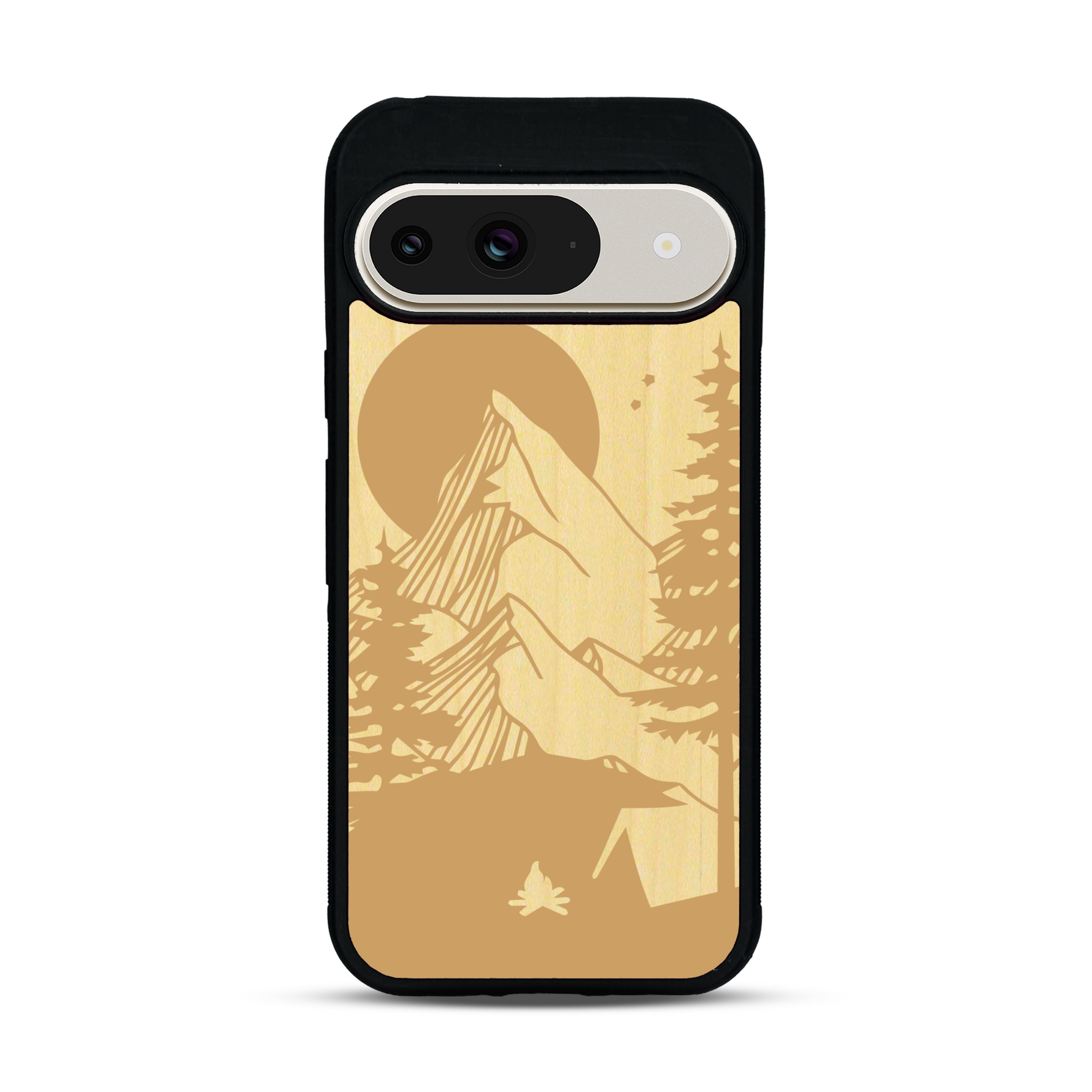 Coque de protection en bois véritable fabriquée en France pour  sur le thème du camping en pleine nature représentant une tente avec un feu de camp entouré de montagnes