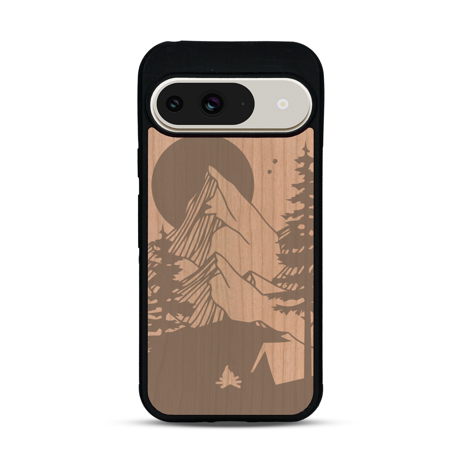 Coque de protection en bois véritable fabriquée en France pour  sur le thème du camping en pleine nature représentant une tente avec un feu de camp entouré de montagnes