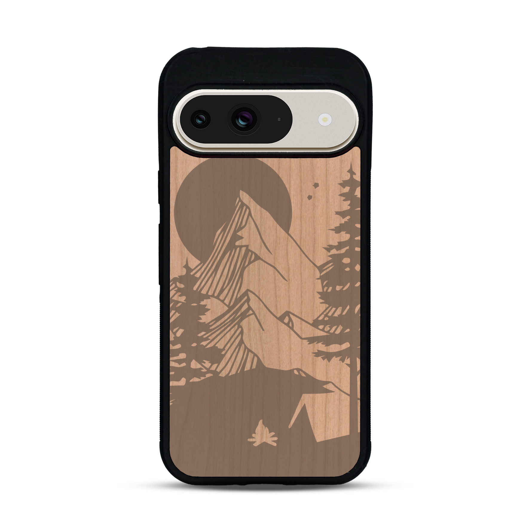Coque de protection en bois véritable fabriquée en France pour  sur le thème du camping en pleine nature représentant une tente avec un feu de camp entouré de montagnes