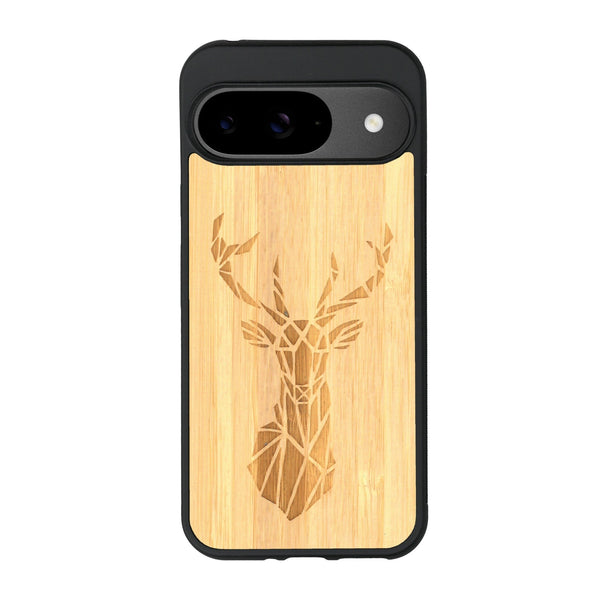 Coque de protection en bois véritable fabriquée en France pour Google Pixel 8pro sur le thème de la nature et des animaux représentant une tête de cerf gométrique avec un design moderne et minimaliste