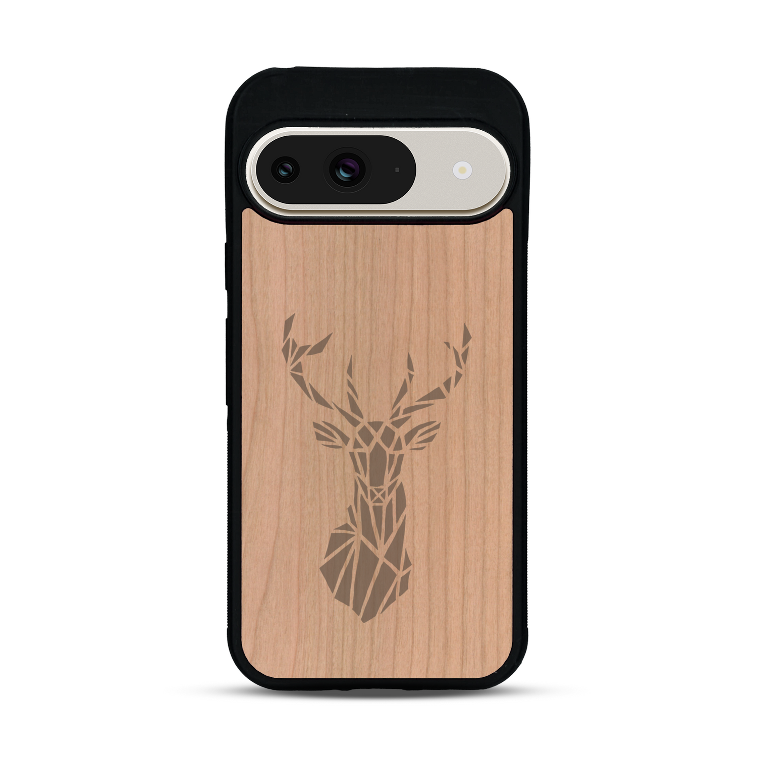 Coque de protection en bois véritable fabriquée en France pour  sur le thème de la nature et des animaux représentant une tête de cerf gométrique avec un design moderne et minimaliste