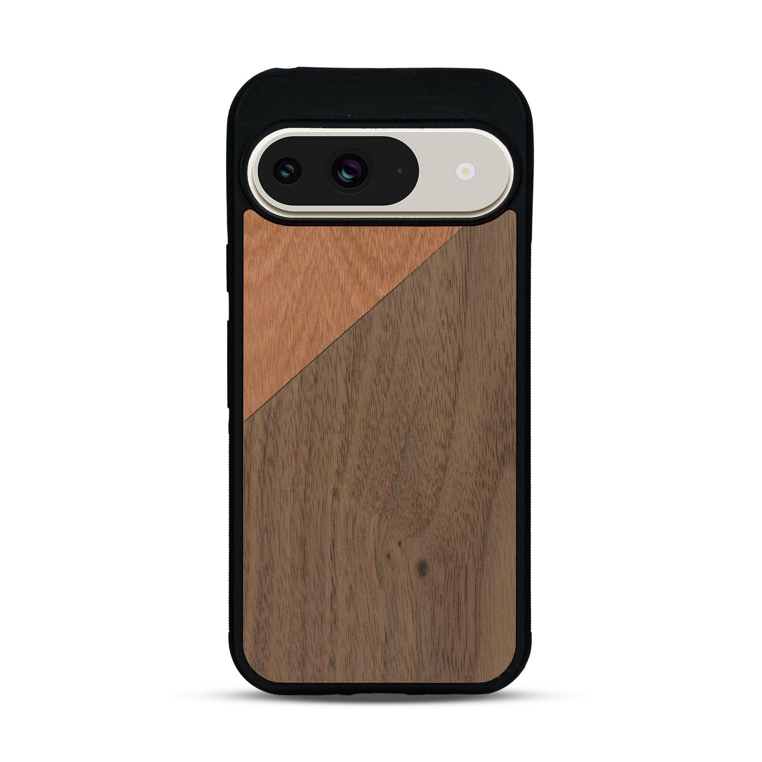 Coque de protection en bois véritable fabriquée en France pour  alliant du merisier et du noyer formant chacun un triangle avec une jointure en diagonale sur le thème de l'art abstrait