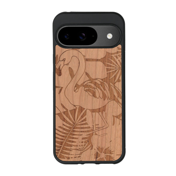 Coque de protection en bois véritable fabriquée en France pour Google Pixel 8pro sur le thème de la nature et des animaux représentant un flamant rose entre des fougères