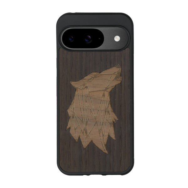Coque de protection en bois véritable fabriquée en France pour Google Pixel 8pro alliant du chêne fumé et du noyer représentant une tête de loup géométrique de profil sur le thème des animaux et de la nature