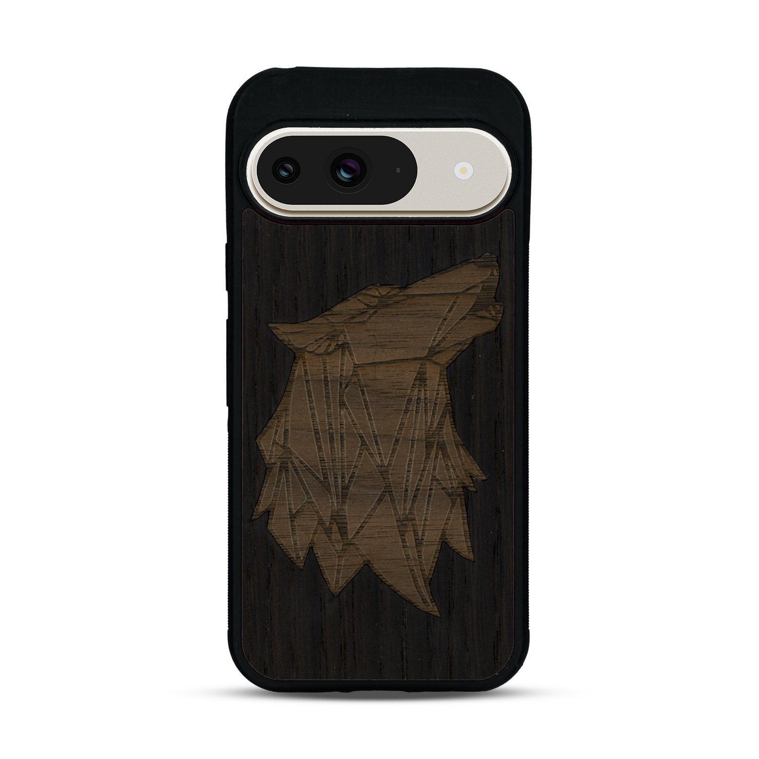 Coque de protection en bois véritable fabriquée en France pour  alliant du chêne fumé et du noyer représentant une tête de loup géométrique de profil sur le thème des animaux et de la nature