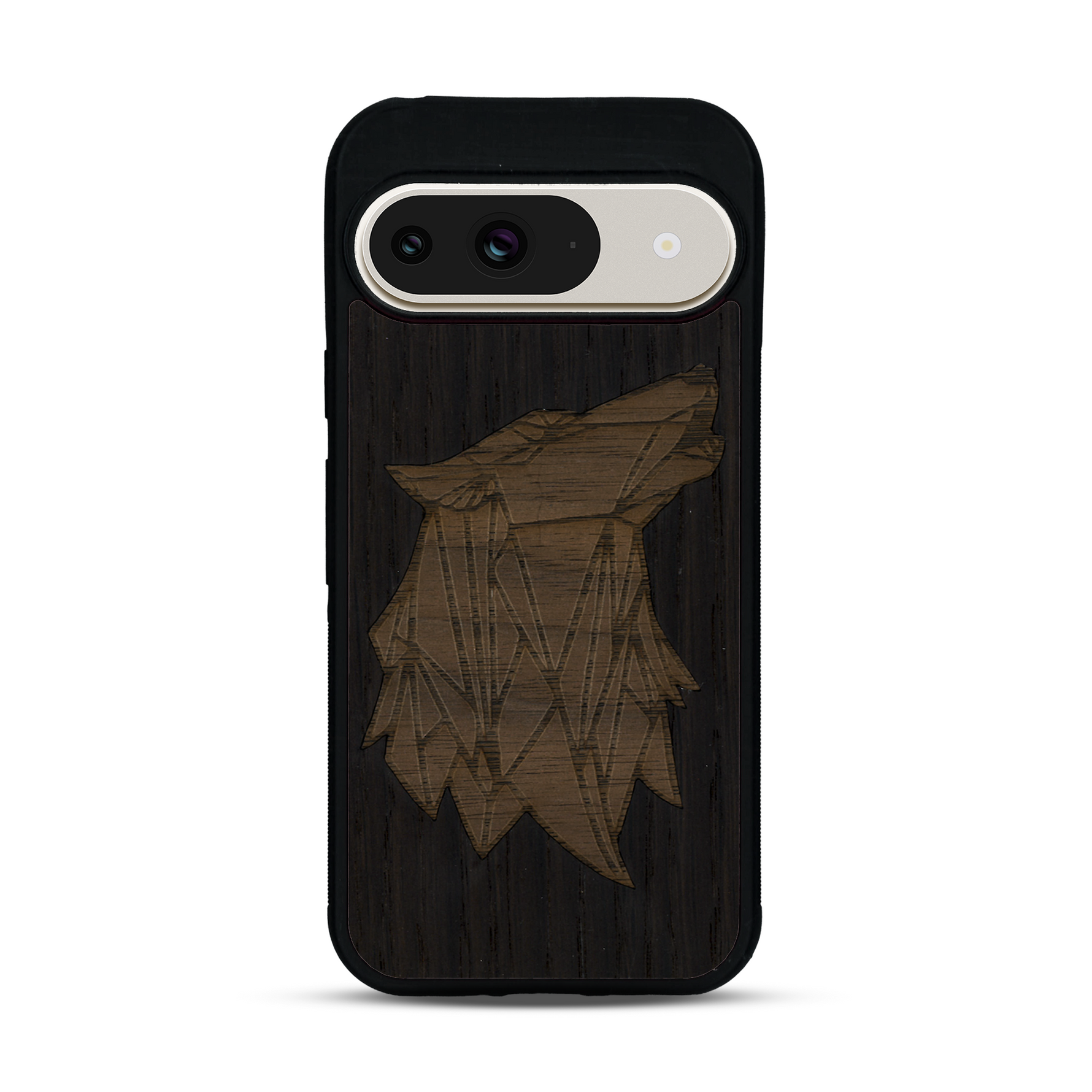 Coque de protection en bois véritable fabriquée en France pour  alliant du chêne fumé et du noyer représentant une tête de loup géométrique de profil sur le thème des animaux et de la nature