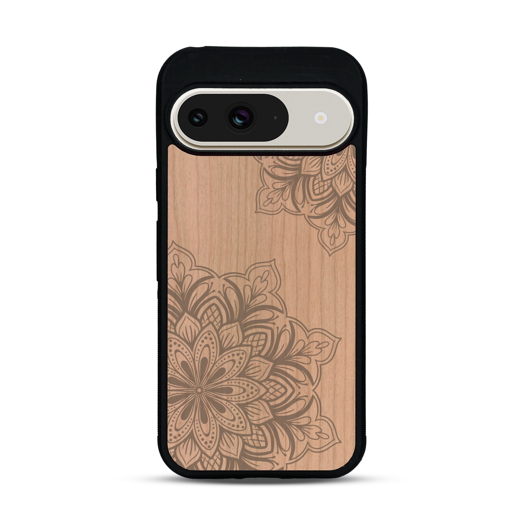 Coque de protection en bois véritable fabriquée en France pour  sur le thème de la bohème et du tatouage au henné avec une gravure représentant un mandala