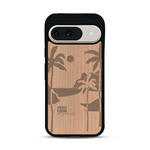 Coque de protection en bois véritable fabriquée en France pour  sur le thème des voyages en vans, vanlife et chill avec une gravure représentant un van vw combi devant le soleil couchant sur une plage avec des vagues