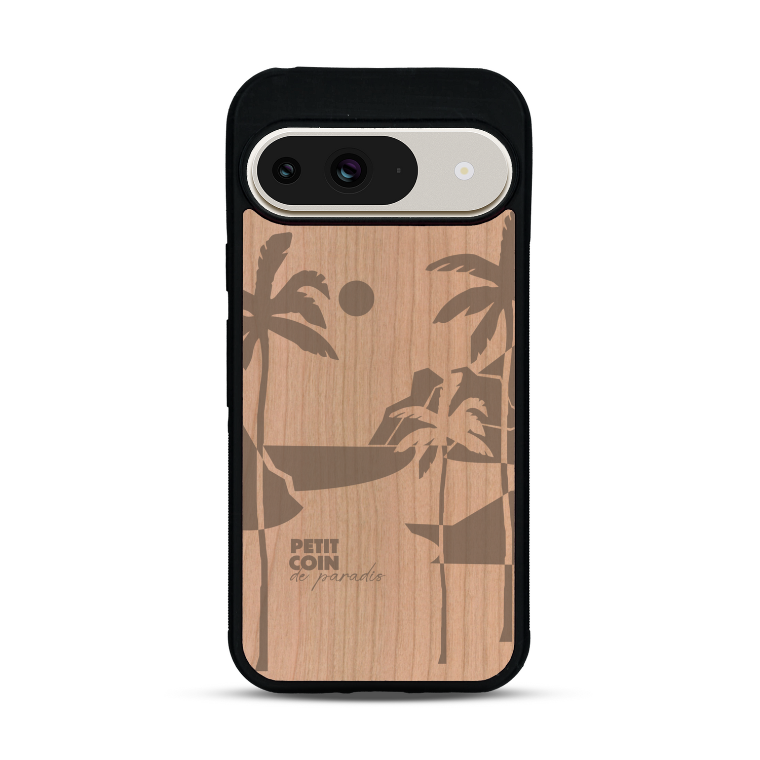 Coque de protection en bois véritable fabriquée en France pour  sur le thème des voyages en vans, vanlife et chill avec une gravure représentant un van vw combi devant le soleil couchant sur une plage avec des vagues