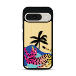 Coque de protection en bois véritable fabriquée en France pour Google Pixel 9 représentant un tigre coloré avec un design moderne et minimaliste sur le thème de la jungle et de la nature