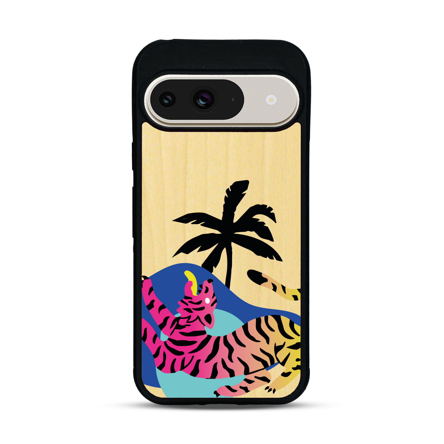 Coque de protection en bois véritable fabriquée en France pour Google Pixel 9 représentant un tigre coloré avec un design moderne et minimaliste sur le thème de la jungle et de la nature