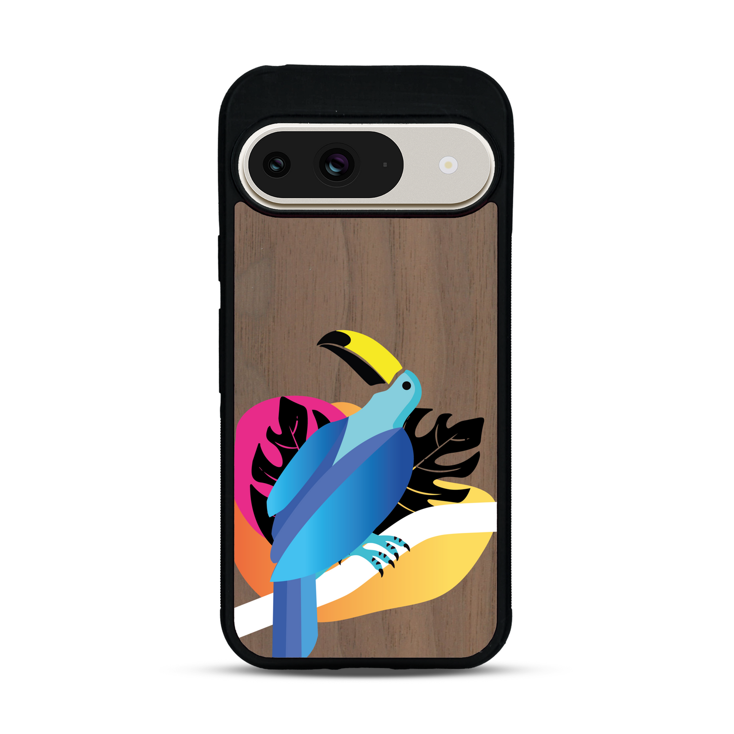 Coque de protection en bois véritable fabriquée en France pour Google Pixel 9 représentant un toucan coloré avec un design moderne et minimaliste sur le thème de la jungle et de la nature