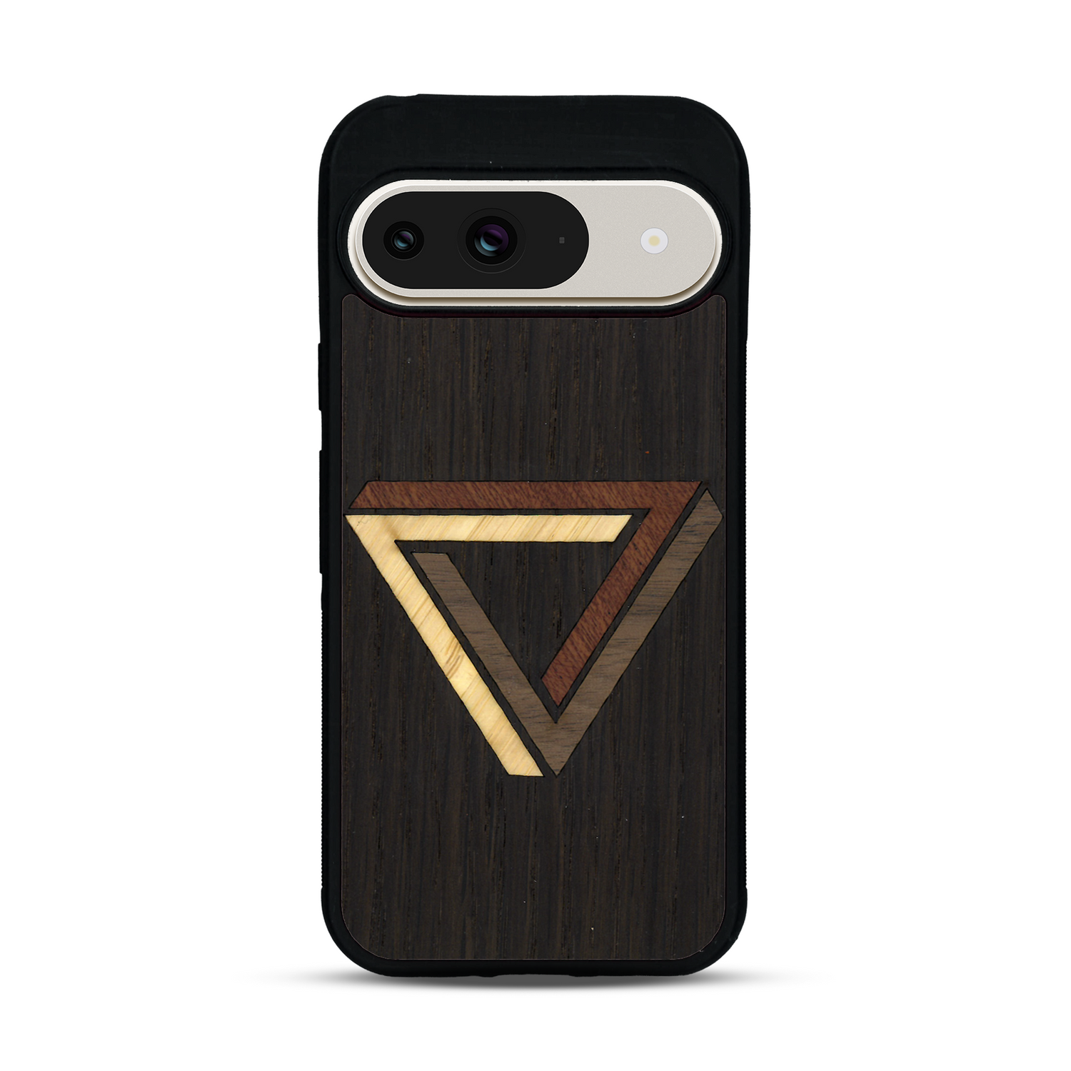 Coque de protection en bois véritable fabriquée en France pour  sur le thème de l'art géométrique qui allie du chêne fumé, du noyer, du bambou et du padouk représentant le triangle de penrose