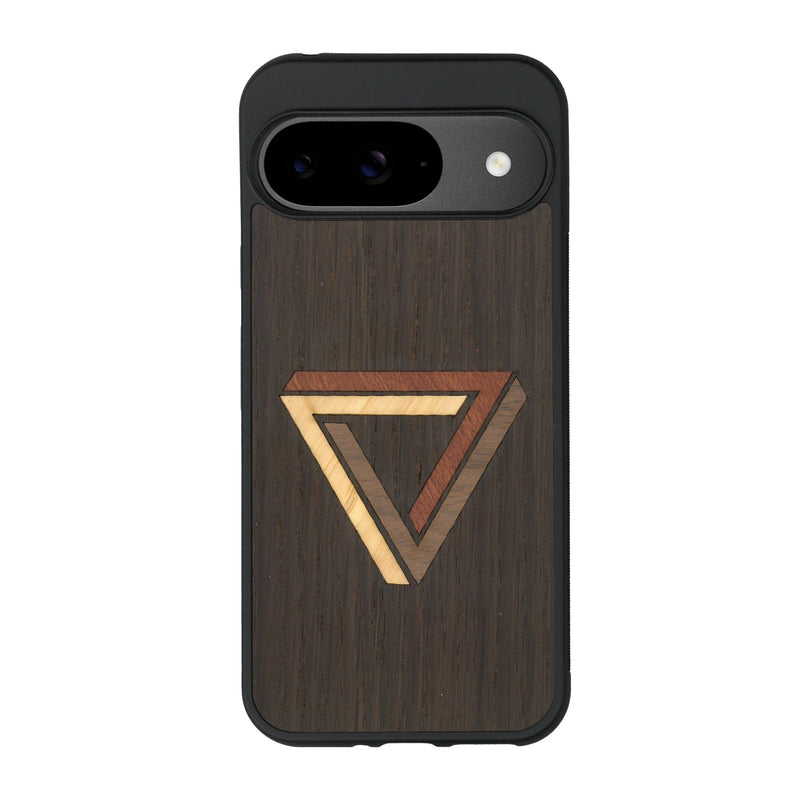 Coque de protection en bois véritable fabriquée en France pour Google Pixel 9 sur le thème de l'art géométrique qui allie du chêne fumé, du noyer, du bambou et du padouk représentant le triangle de penrose