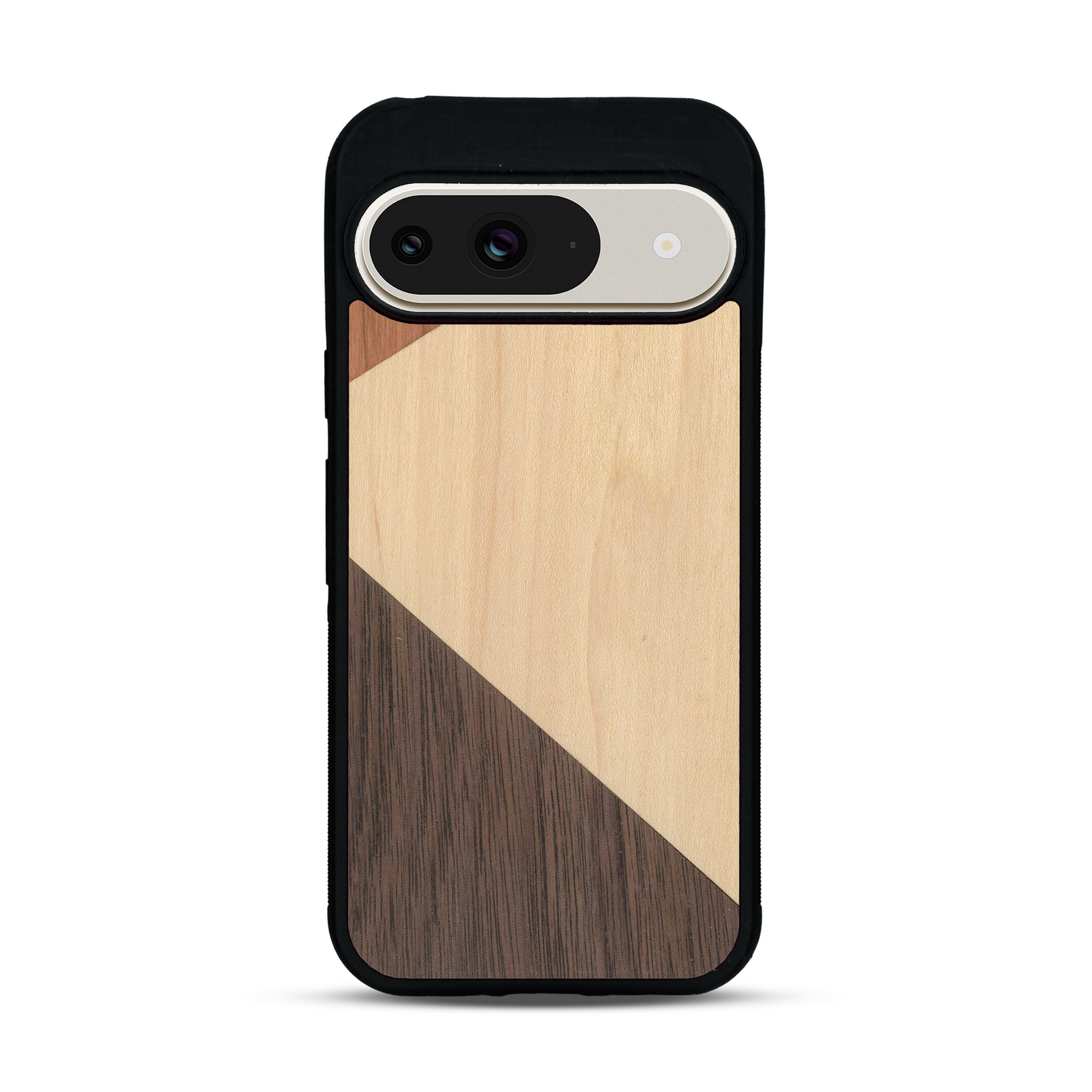 Coque de protection en bois véritable fabriquée en France pour  alliant du merisier, du noyer et du bambou formant chacun deux triangles et un trapèze avec deux jointures en diagonale sur le thème de l'art abstrait