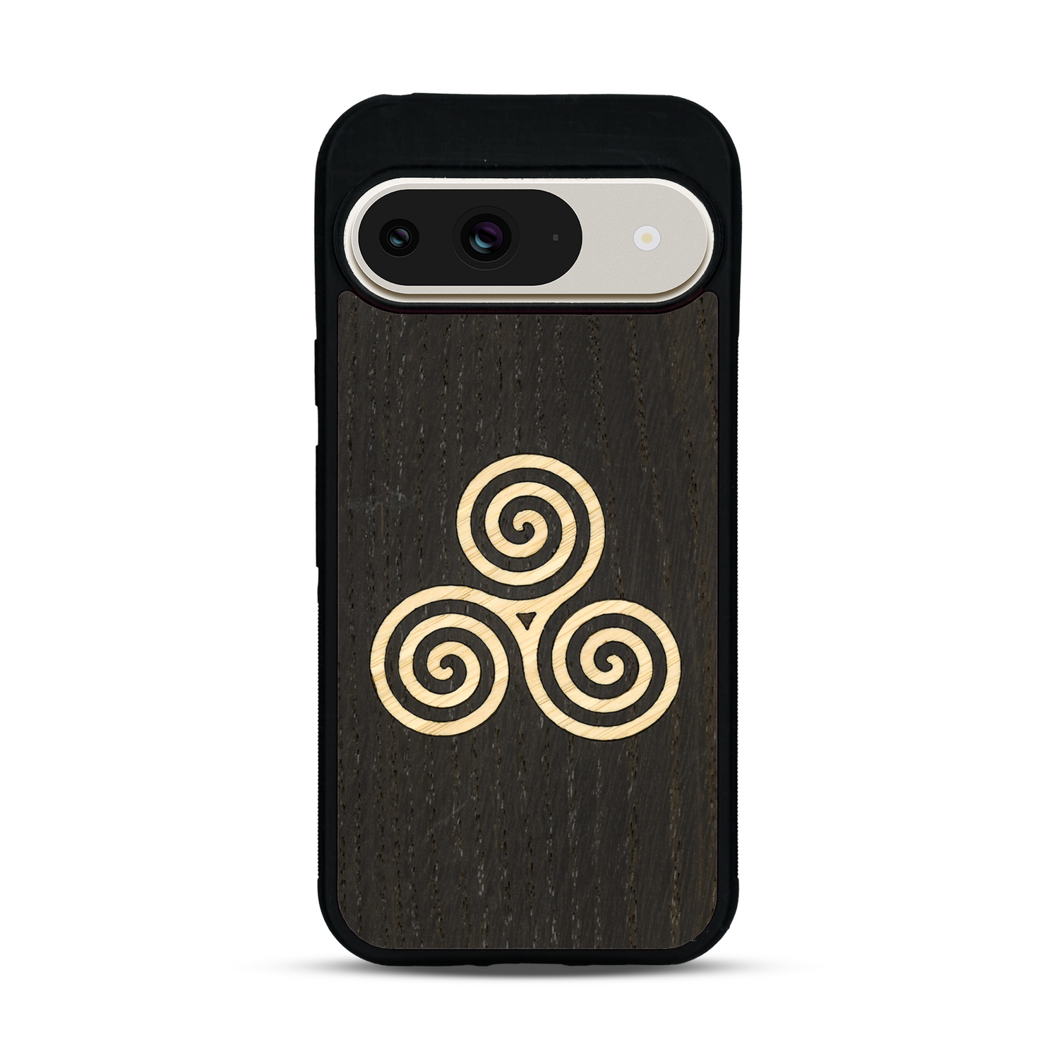 Coque de protection en bois véritable fabriquée en France pour  alliant du chêne fumé et du bambou et doré représentant un triskell
