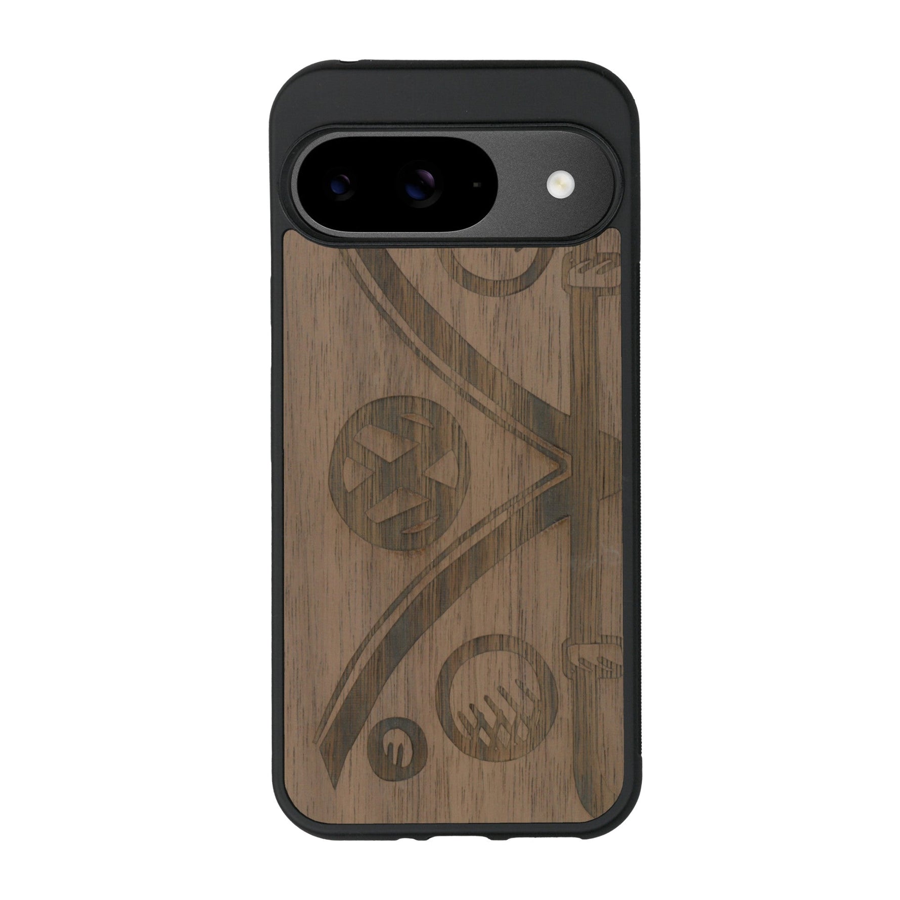 Coque de protection en bois véritable fabriquée en France pour Google Pixel 9 sur le thème de l'automobile avec un van combi
