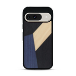 Coque de protection en bois véritable fabriquée en France pour  alliant du bambou, du tulipier bleu et noir en forme de mosaïque minimaliste sur le thème de l'art abstrait