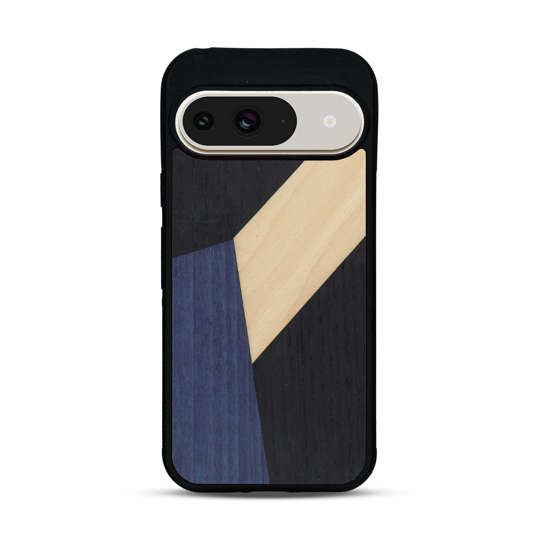 Coque de protection en bois véritable fabriquée en France pour  alliant du bambou, du tulipier bleu et noir en forme de mosaïque minimaliste sur le thème de l'art abstrait
