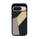 Coque de protection en bois véritable fabriquée en France pour  alliant du bambou, du tulipier mauve et noir en forme de mosaïque minimaliste sur le thème de l'art abstrait