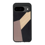 Coque de protection en bois véritable fabriquée en France pour Google Pixel 9 alliant du bambou, du tulipier mauve et noir en forme de mosaïque minimaliste sur le thème de l'art abstrait