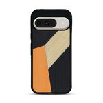 Coque de protection en bois véritable fabriquée en France pour  alliant du bambou, du tulipier orange et noir en forme de mosaïque minimaliste sur le thème de l'art abstrait