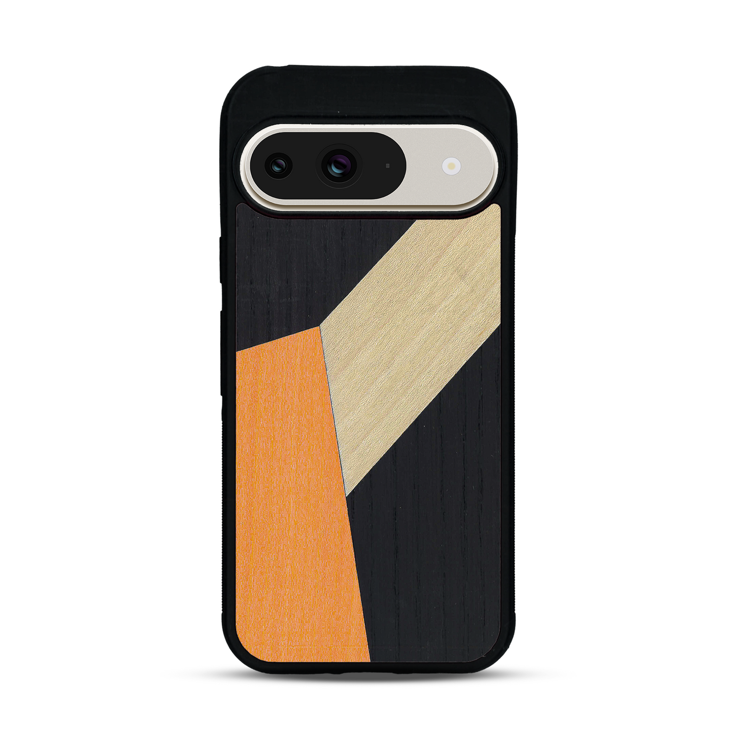 Coque de protection en bois véritable fabriquée en France pour  alliant du bambou, du tulipier orange et noir en forme de mosaïque minimaliste sur le thème de l'art abstrait