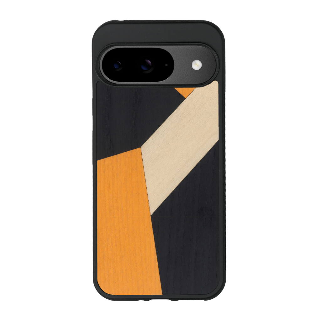 Coque de protection en bois véritable fabriquée en France pour Google Pixel 9 alliant du bambou, du tulipier orange et noir en forme de mosaïque minimaliste sur le thème de l'art abstrait