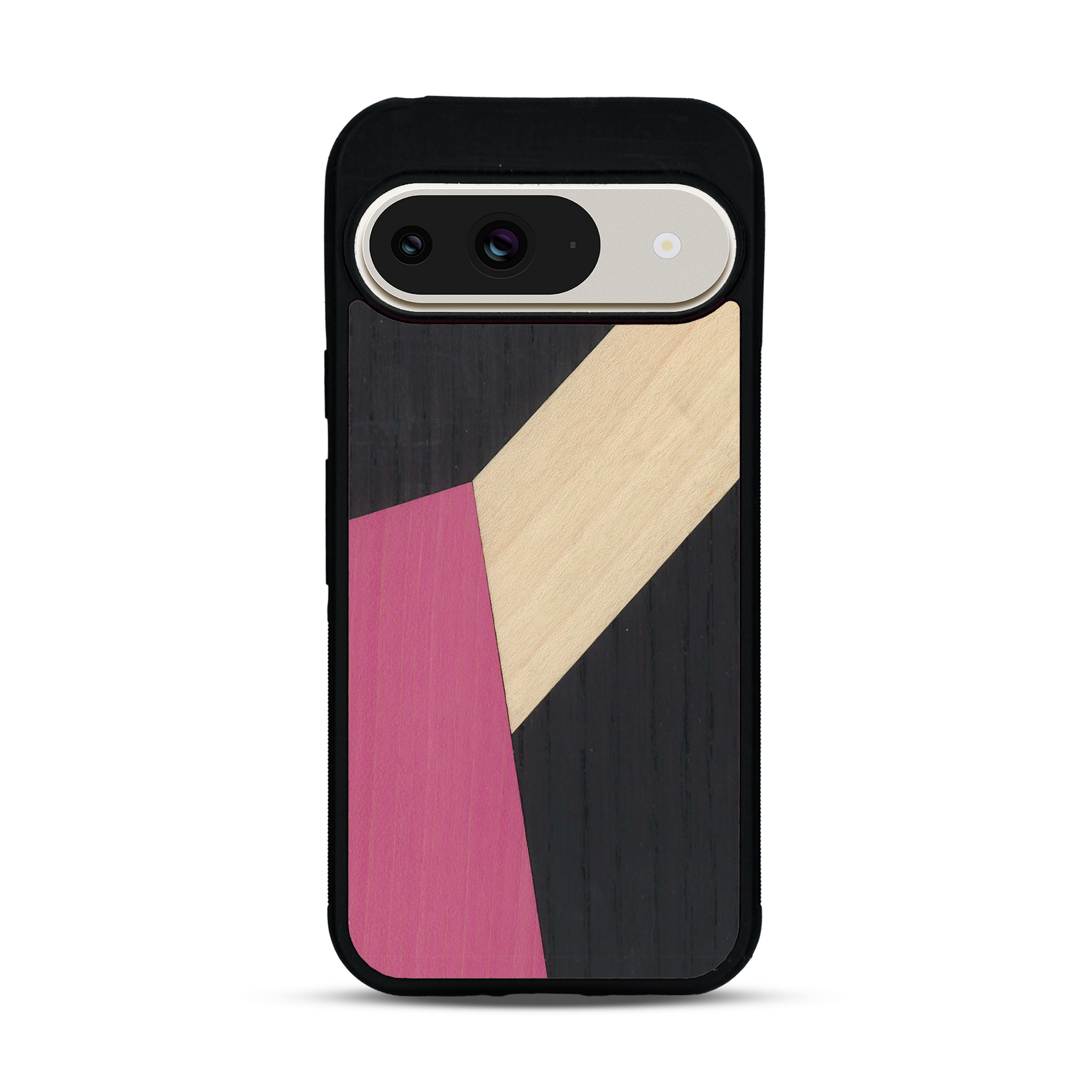 Coque de protection en bois véritable fabriquée en France pour  alliant du bambou, du tulipier rose et noir en forme de mosaïque minimaliste sur le thème de l'art abstrait