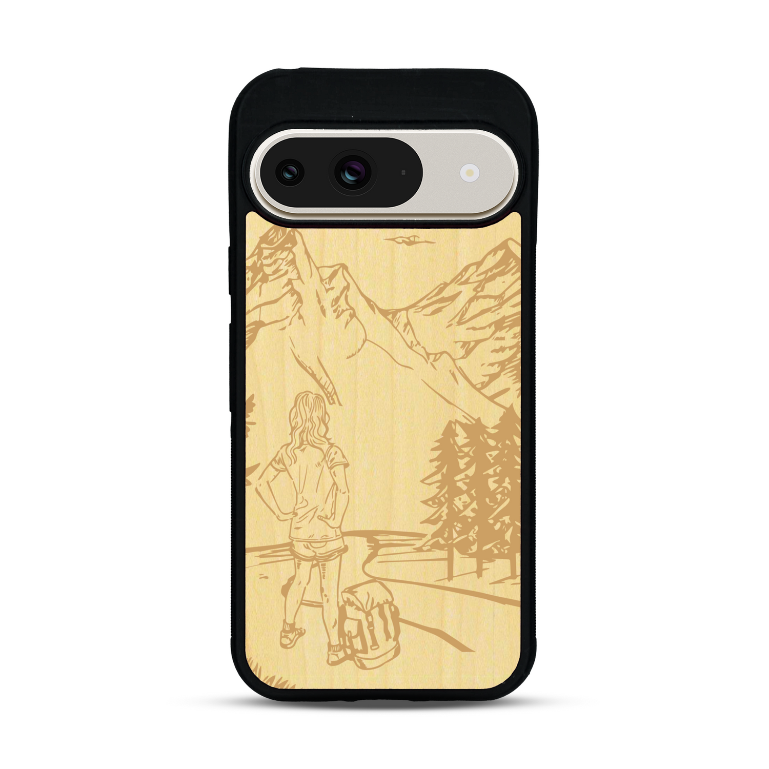 Coque de protection en bois véritable fabriquée en France pour  sur le thème de la randonnée en montagne et de l'aventure avec une gravure représentant une femme de dos face à un paysage de nature