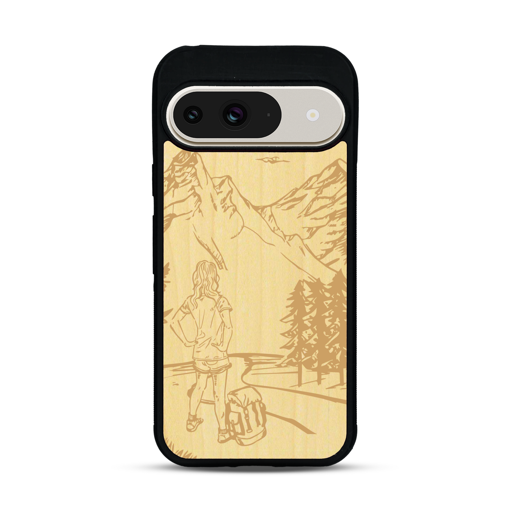 Coque de protection en bois véritable fabriquée en France pour  sur le thème de la randonnée en montagne et de l'aventure avec une gravure représentant une femme de dos face à un paysage de nature