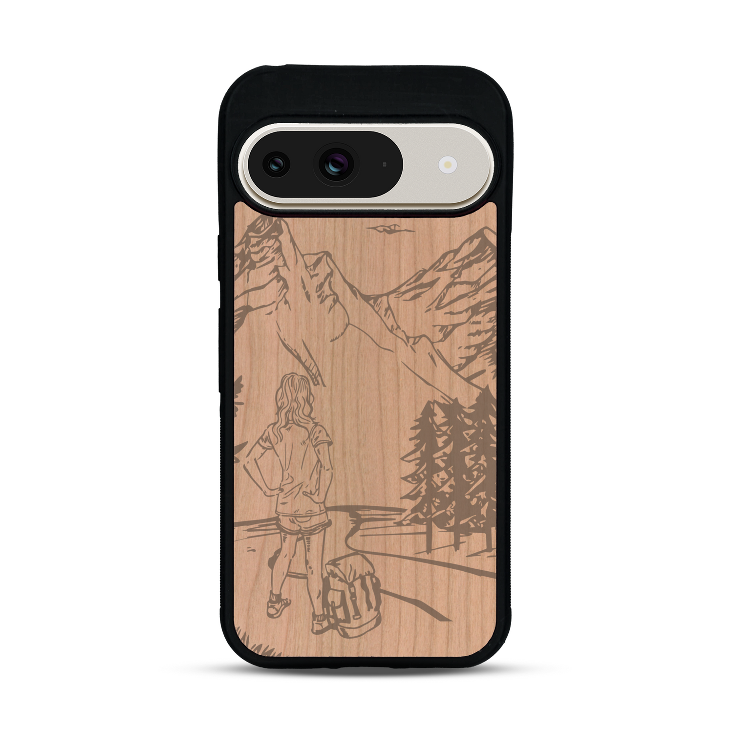 Coque de protection en bois véritable fabriquée en France pour  sur le thème de la randonnée en montagne et de l'aventure avec une gravure représentant une femme de dos face à un paysage de nature