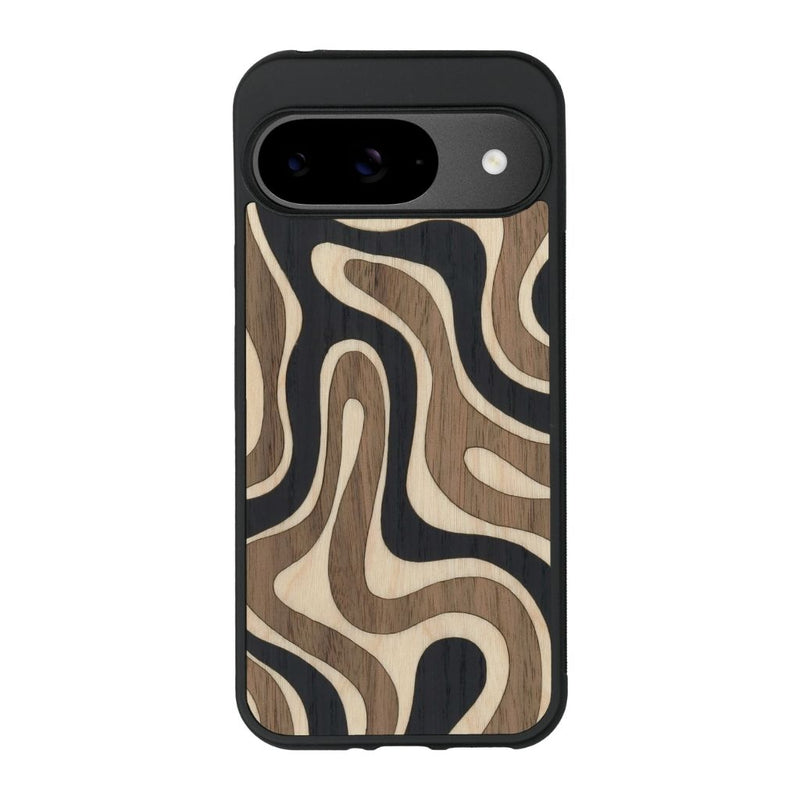 Coque de protection en bois véritable fabriquée en France pour Google Pixel 9 alliant plusieurs essences de bois pour représenter une ondulation