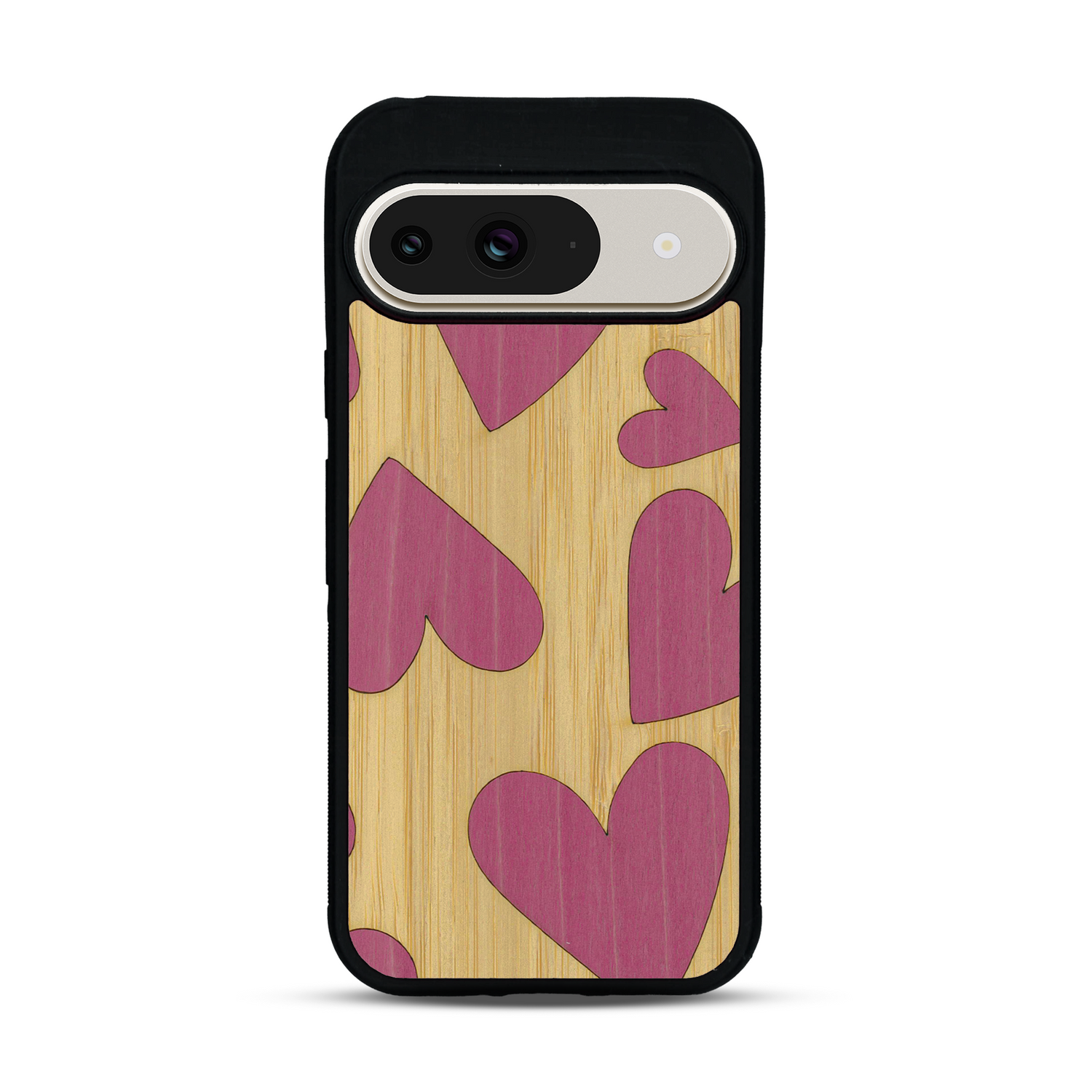 Coque de protection en bois véritable fabriquée en France pour  alliant plusieurs essences de bois pour représenter des coeurs pour les amoureux