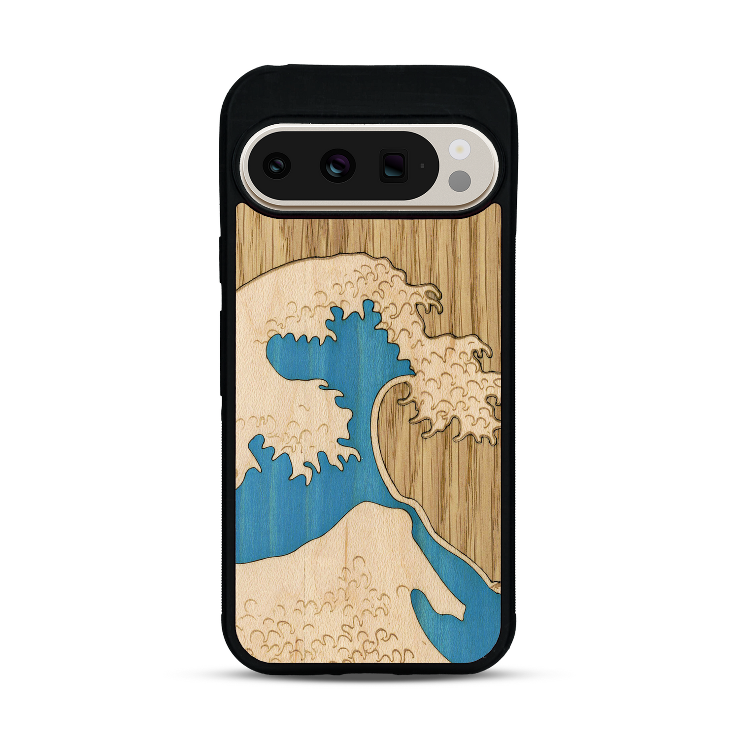 Coque de protection en bois véritable fabriquée en France pour  alliant plusieurs essences de bois pour représenter la célèbre grande vague de Kanagawa