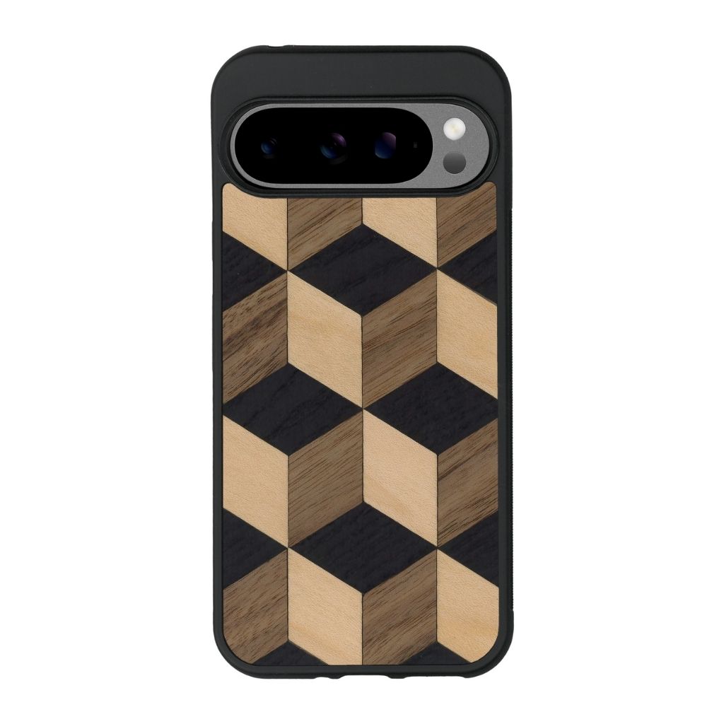 Coque de protection en bois véritable fabriquée en France pour Google Pixel 9 Pro alliant plusieurs essences de bois pour représenter un classique intemporel de la marqueterie