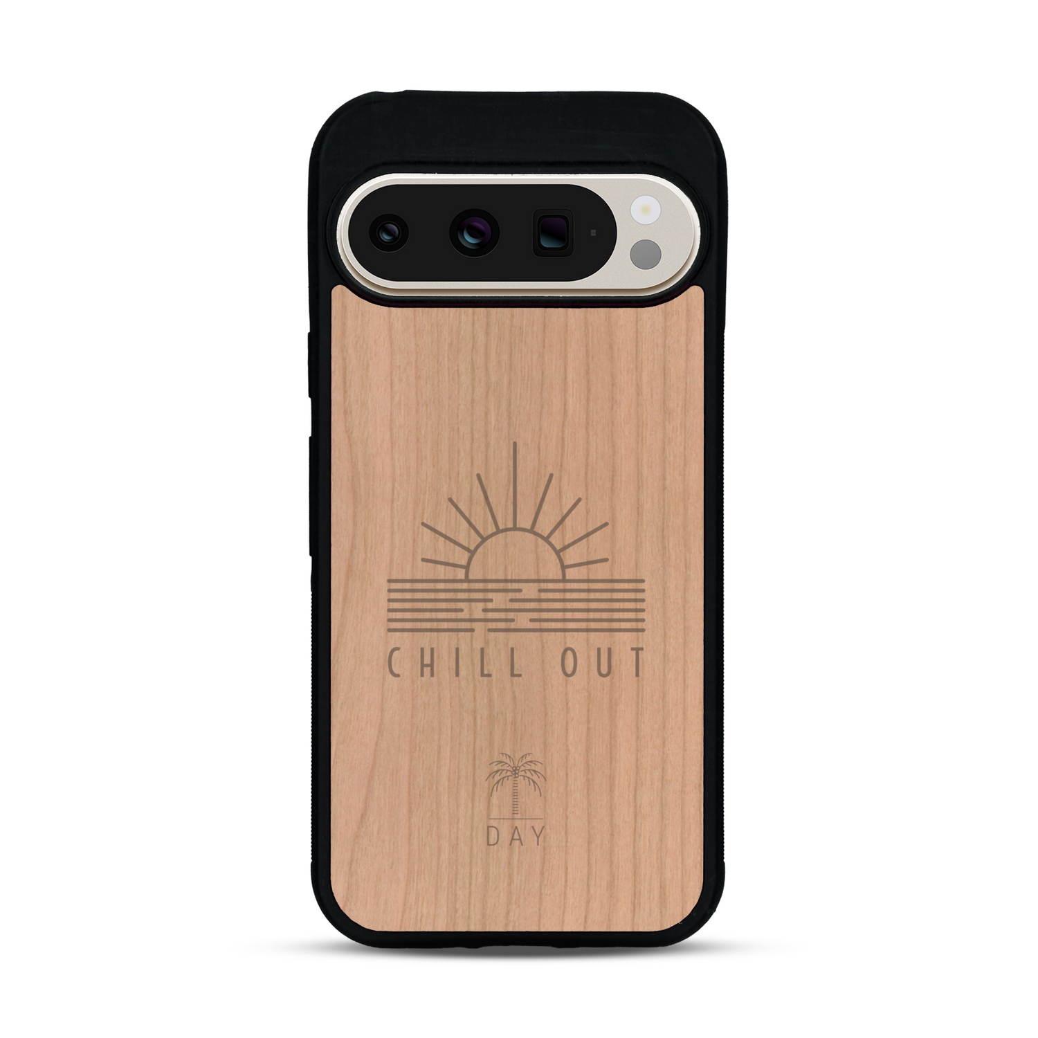 Coque de protection en bois véritable fabriquée en France pour  sur le thème chill avec un motif représentant un couché de soleil sur l'océan et la phrase "Chill out"