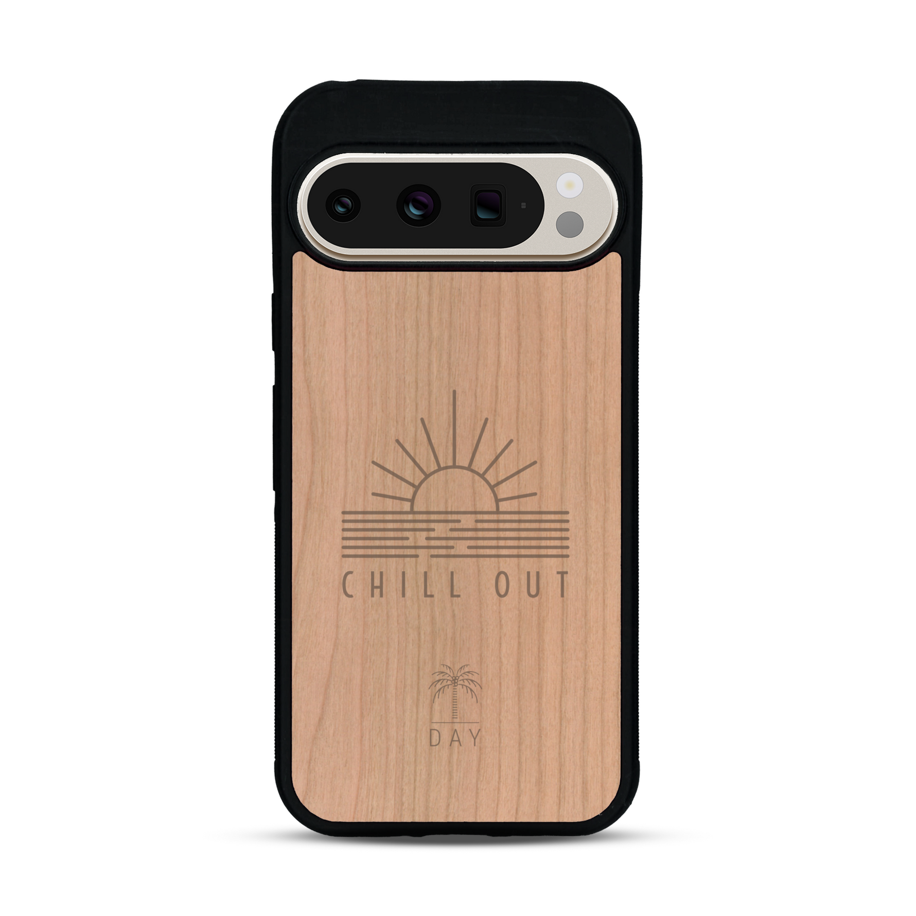 Coque de protection en bois véritable fabriquée en France pour  sur le thème chill avec un motif représentant un couché de soleil sur l'océan et la phrase "Chill out"