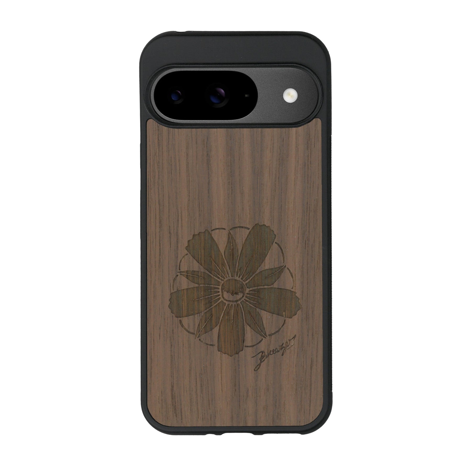Coque de protection en bois véritable fabriquée en France pour Google Pixel 9 Pro sur le thème des fleurs et de la montagne avec un motif de gravure représentant les pétales d'une fleur des montagnes