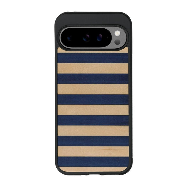 Coque de protection en bois véritable fabriquée en France pour Google Pixel 9 Pro alliant plusieurs essences de bois pour représenter une marinière