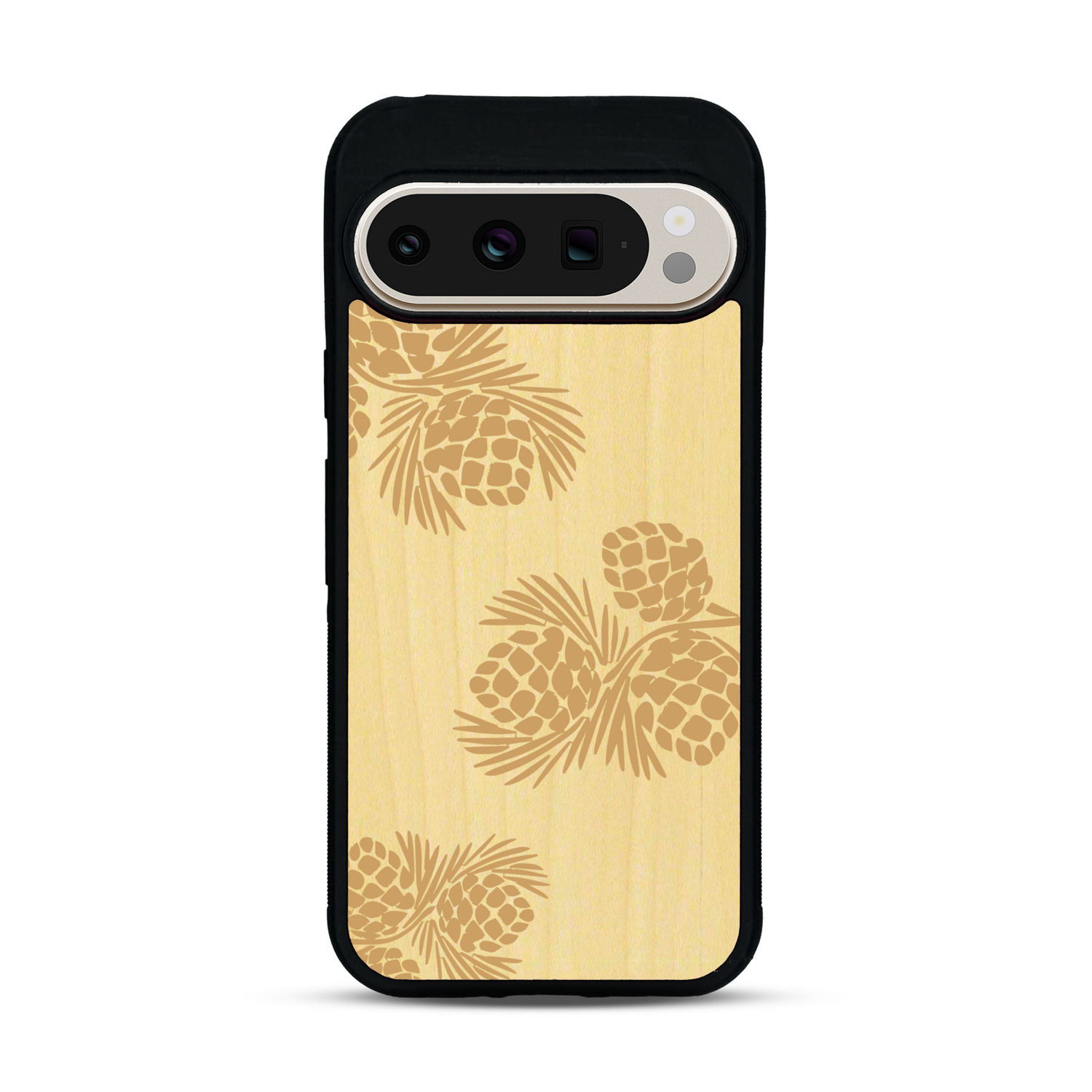 Coque de protection en bois véritable fabriquée en France pour  sur le thème de la nature des arbres avec un motif de gravure représentant des épines de sapin et des pommes de pin