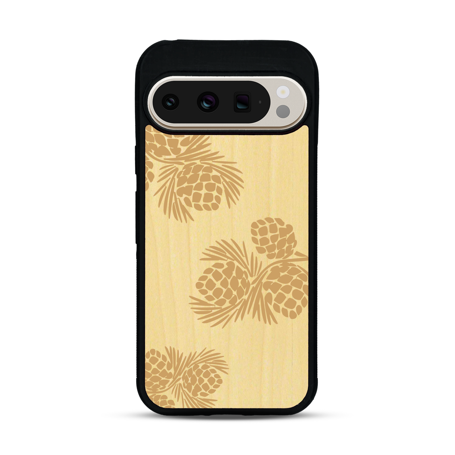 Coque de protection en bois véritable fabriquée en France pour  sur le thème de la nature des arbres avec un motif de gravure représentant des épines de sapin et des pommes de pin
