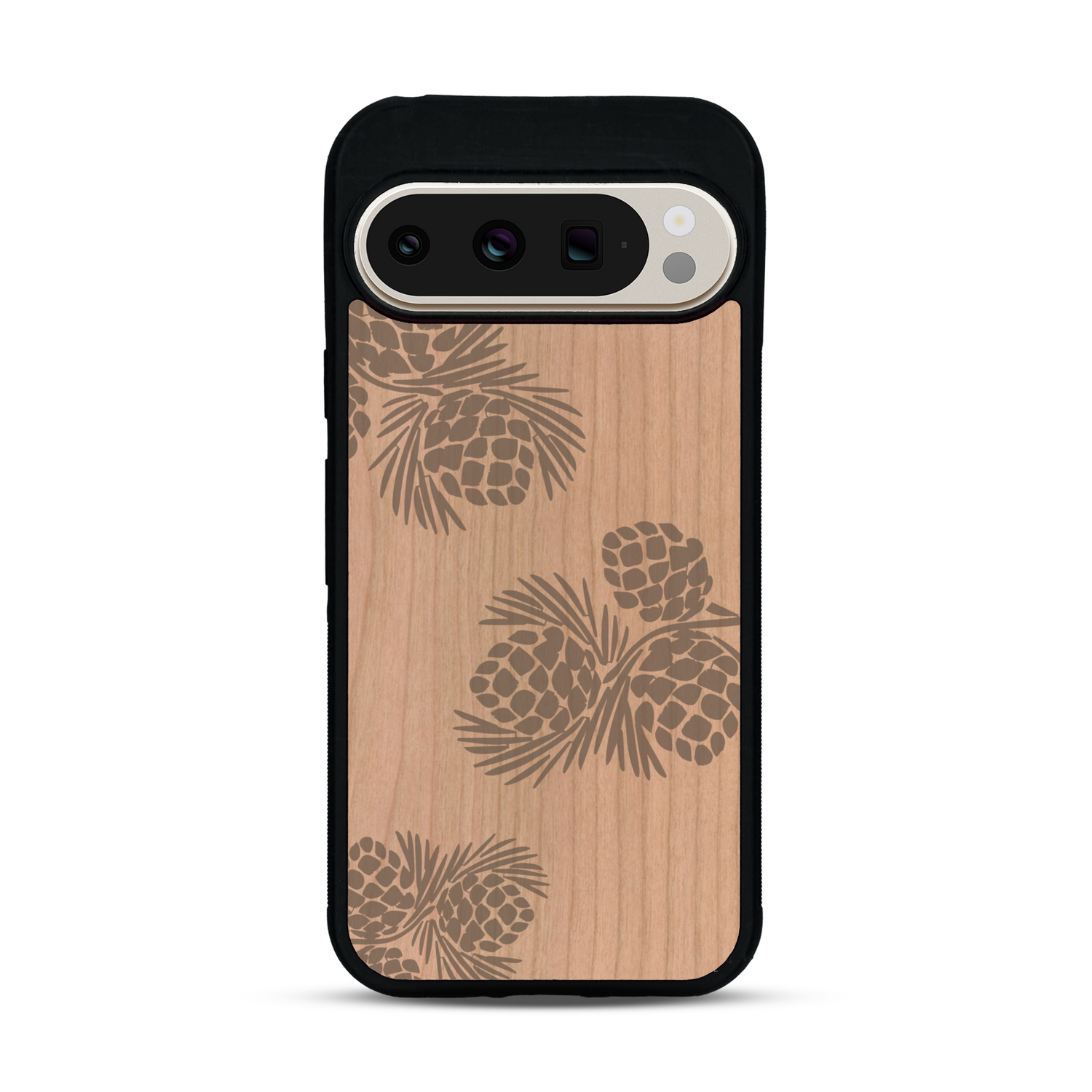 Coque de protection en bois véritable fabriquée en France pour  sur le thème de la nature des arbres avec un motif de gravure représentant des épines de sapin et des pommes de pin