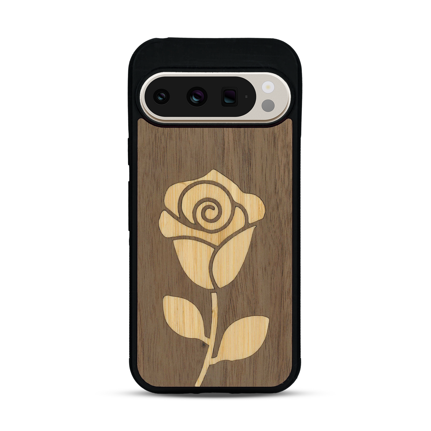 Coque de protection en bois véritable fabriquée en France pour  alliant plusieurs essences de bois pour représenter une rose