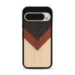 Coque de protection en bois véritable fabriquée en France pour  alliant du chêne fumé, du padouk et du bambou en forme de chevron sur le thème de l'art abstrait