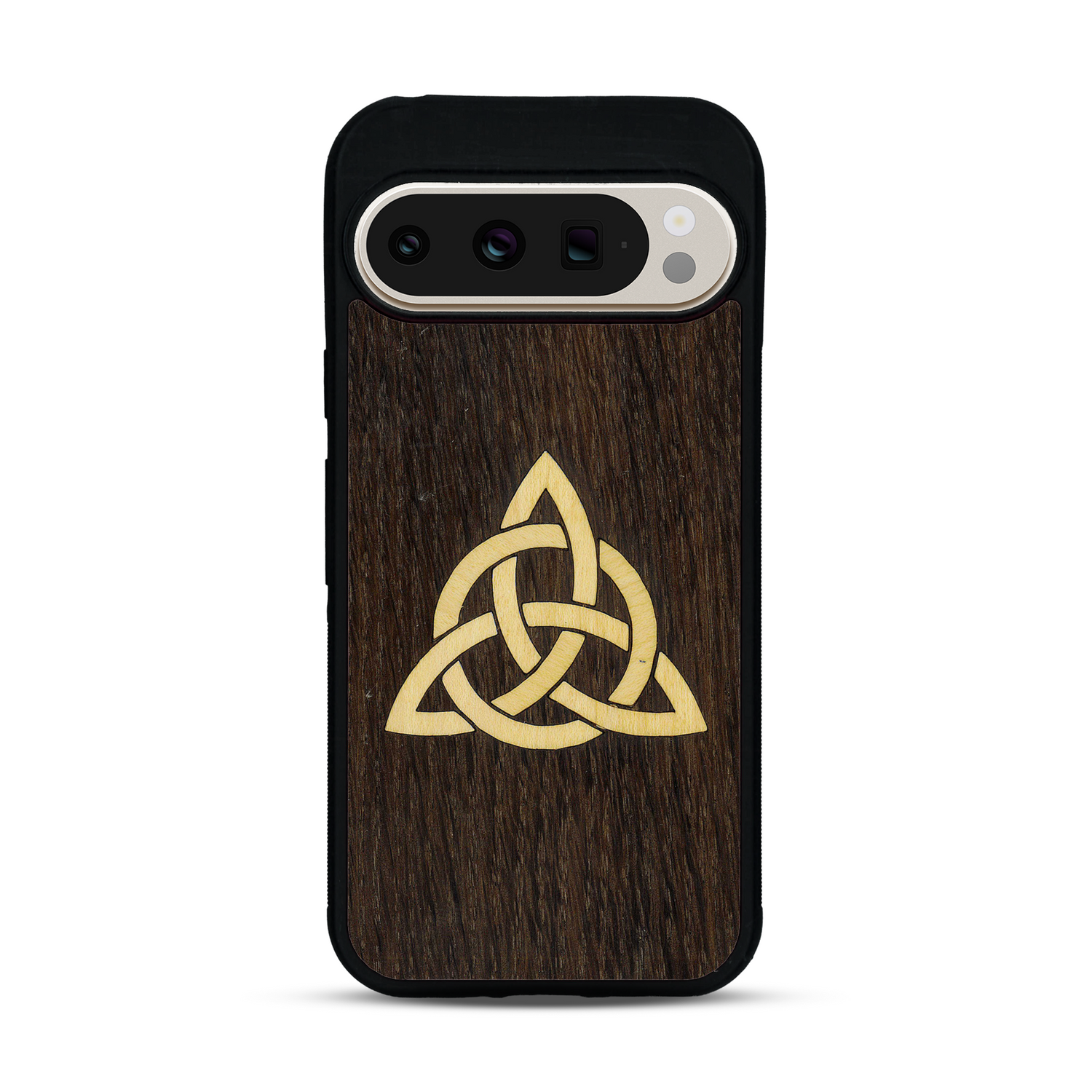 Coque de protection en bois véritable fabriquée en France pour  alliant du chêne fumé et du bambou représentant une triquetra
