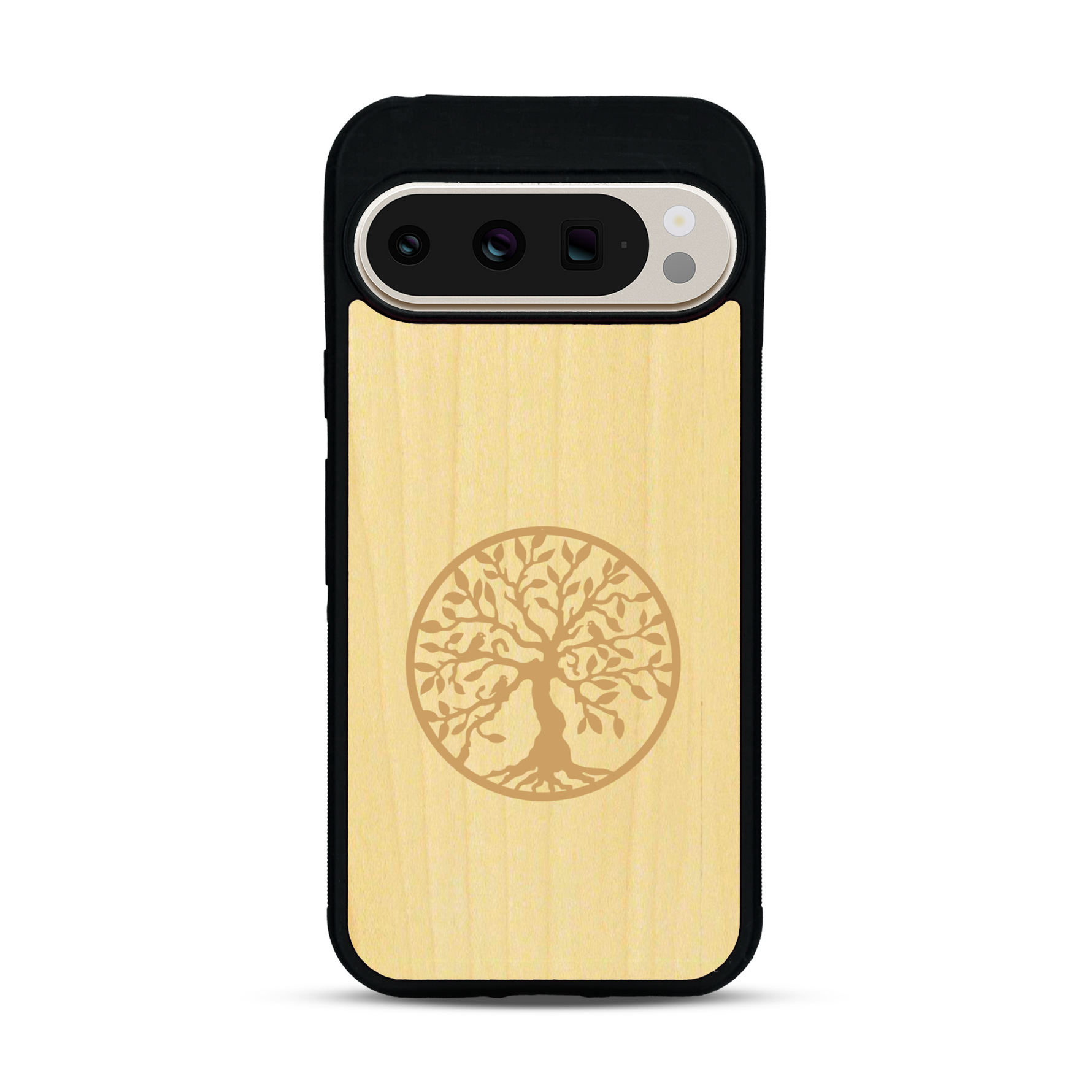 Coque de protection en bois véritable fabriquée en France pour  sur le thème de la spiritualité et du yoga avec une gravure zen représentant un arbre de vie