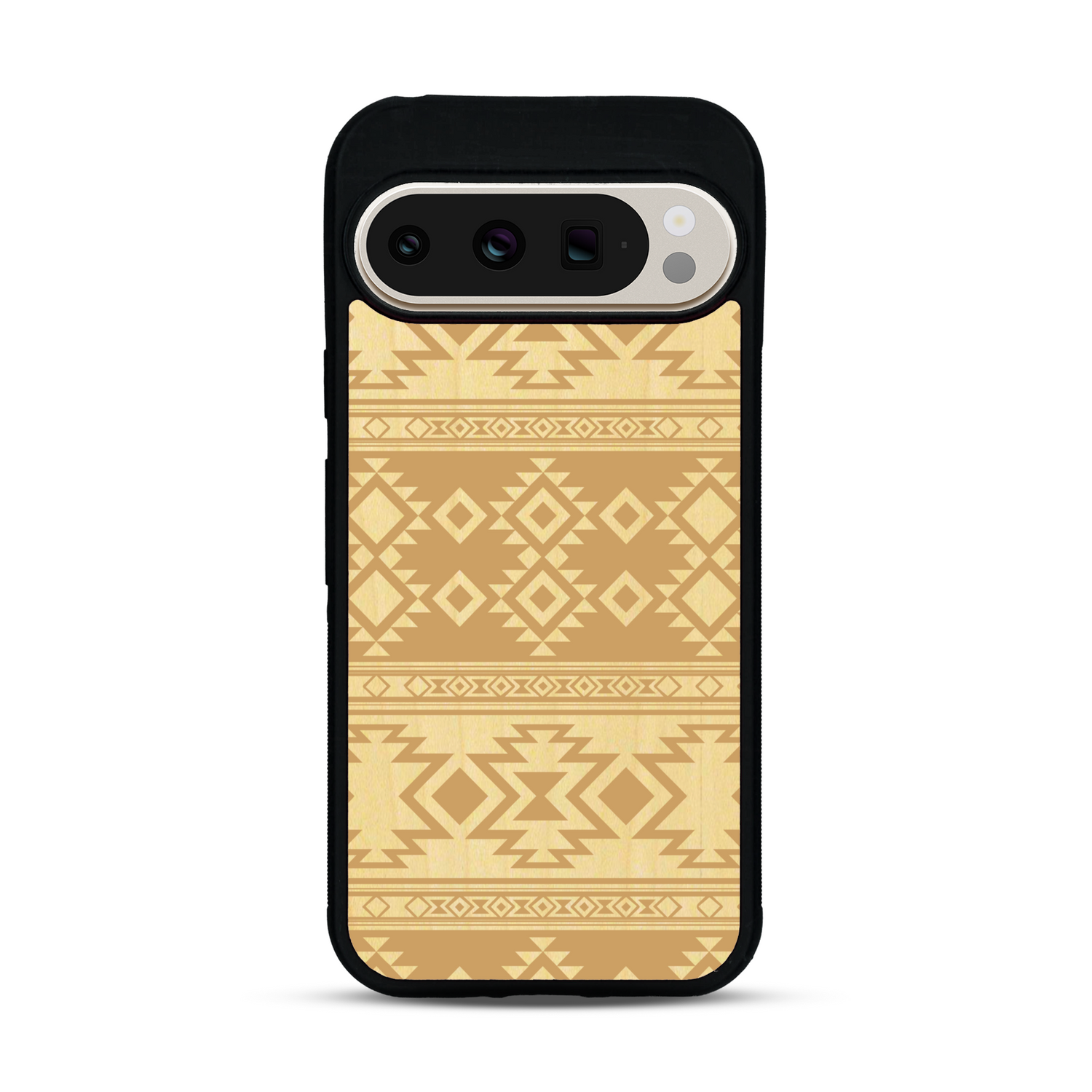 Coque de protection en bois véritable fabriquée en France pour  avec des motifs géométriques s'inspirant des temples aztèques, mayas et incas
